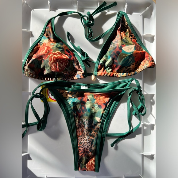 Green Leopard Floral Print Halter Side Tie Bikini Set - Picture 2 of 9